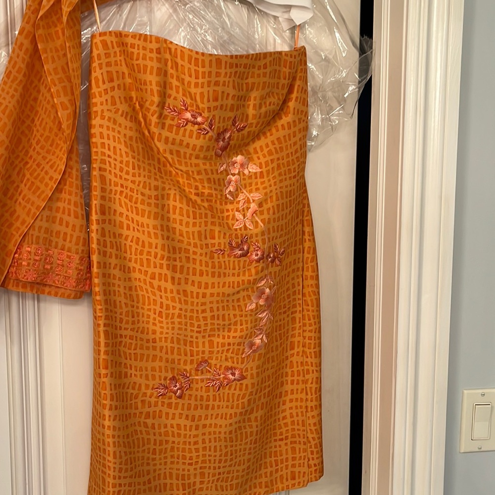 Kay Unger strapless orange dress